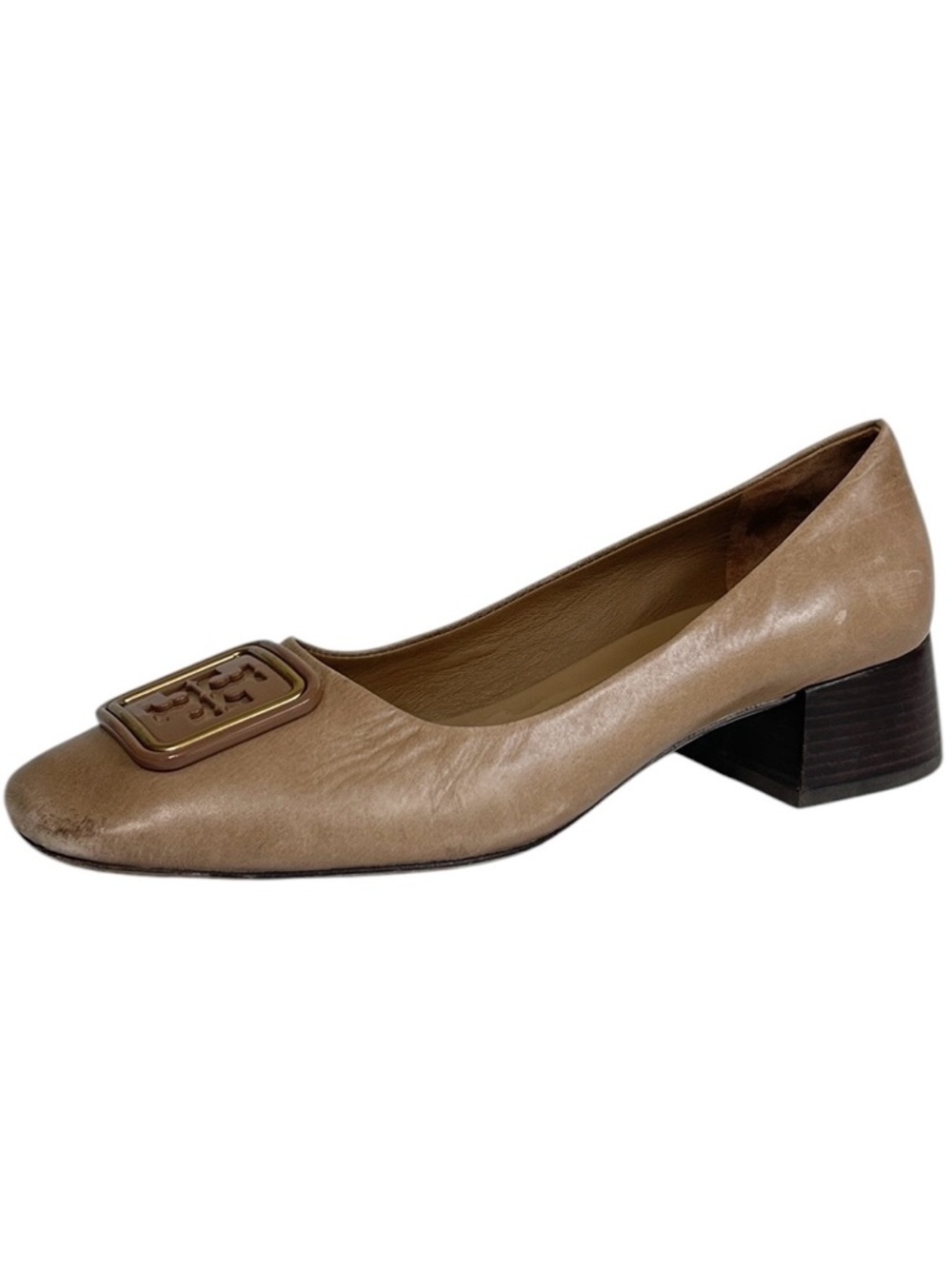 Tory Burch Georgia Pumps Women Sz 10M Tan Block Heels Double T Motif Square Toe